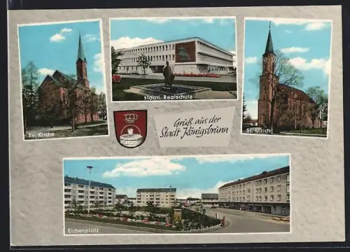 AK Königsbrunn / Bayern, Ortsansicht mit Ev. Kirche, St. Ulrich und Eichenplatz