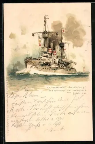 Künstler-AK Hans Bohrdt: Kiel, SM Panzerschiff Brandenburg mit Volldampf den Hafen verlassend