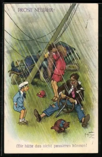 Künstler-AK A. Thiele: Autofahrer ist mit seinem Auto gegen einen Telegraphenmast gefahren, Hund