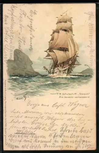 Künstler-AK Hans Bohrdt: Rio de Janeiro, S. M. Schulschiff Stosch fährt vom Hafen ab