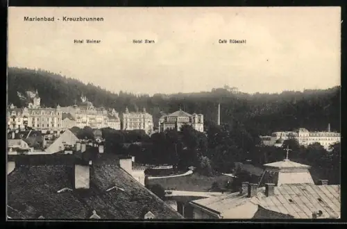 AK Marienbad, Ortsansicht mit Hotel Weimar, Hotel Stern und Café Rübezahl