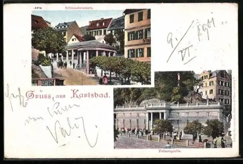 AK Karlsbad, Schlossbrunnen und Felsenquelle