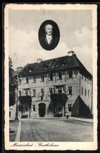 AK Marienbad, Partie am Goethe-Haus, Porträt Goethes