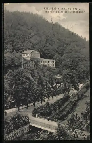 AK Karlsbad, Partie an der Tepl mit Höhen-Terrasse Sanssouci