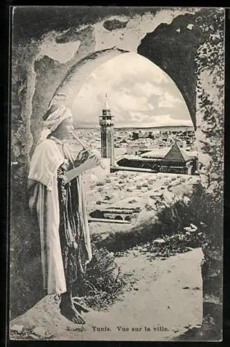 AK Tunis, Negre musicians avec vue sur la ville, Panorama mit Flötenspieler