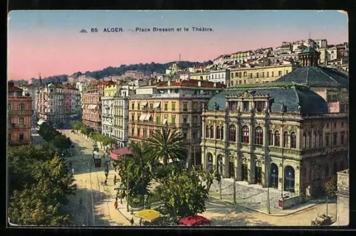 AK Alger, Place Bresson et le Théâtre, Strassenbahn