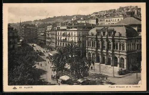 AK Alger, Place Bresson et le Théâtre, Strassenbahn