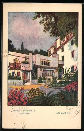 Künstler-AK Mustapha, Hotel Oriental, Les Jardins, Gartenpartie