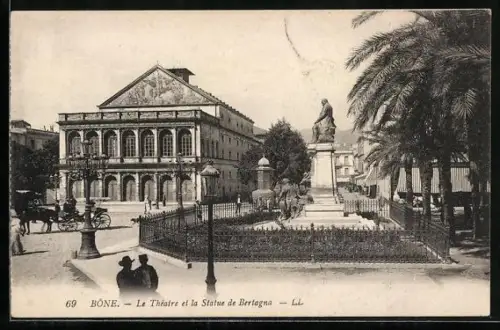 AK Bône, Le Théatre et la Statue de Bertagna
