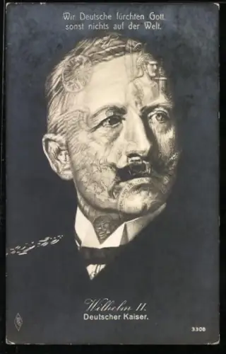 AK Wilhelm II. im Porträt mit verschiedenen Motiven und Formen im Gesicht