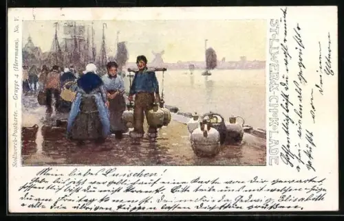 Künstler-AK Reklame Stollwerck-Chokolade, Personen im Hafen