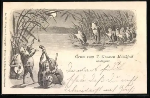 Künstler-AK Stuttgart, V. Grosses Musikfest, Froschchor und Orchester beim Mondschein am See