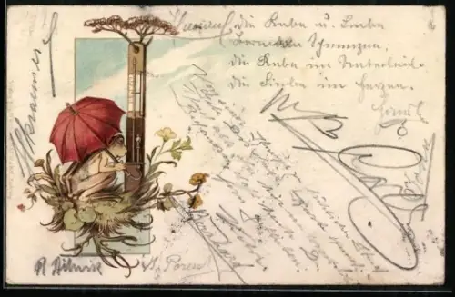 Lithographie Frosch mit Regenschirm an einem Thermometer