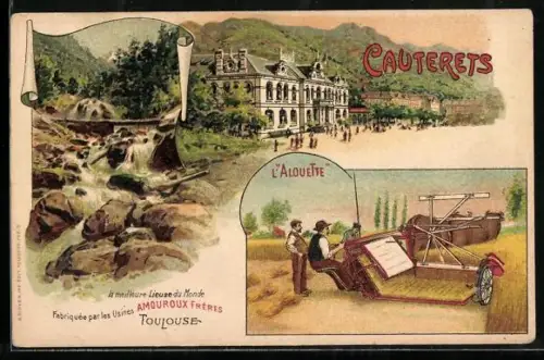Künstler-AK Cauterets, L`Alouette, Machine für die Getreideernte von Amouroux Frères