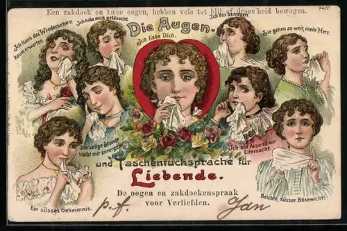 Lithographie Die Augen- und Taschentuchsprache für Liebende