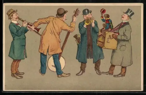 Präge-AK Männer musizieren mit Leierkasten und anderen Musikinstrumenten