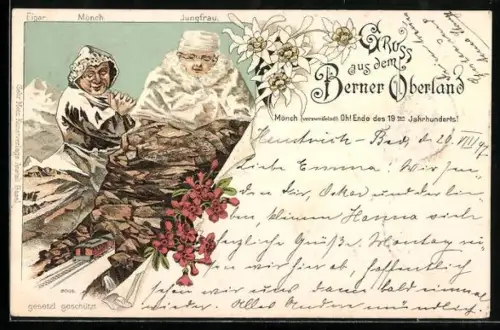 Lithographie Mönch und Jungfrau mit Gesichtersn, Berggesichter