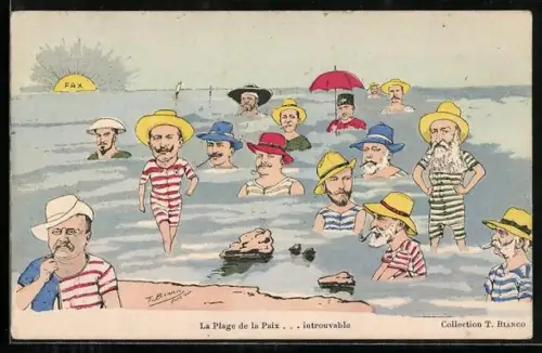 Künstler-AK T. Bianco: Zar Nikolaus II. Kaiser Wilhelm II. beim Bad im Meer