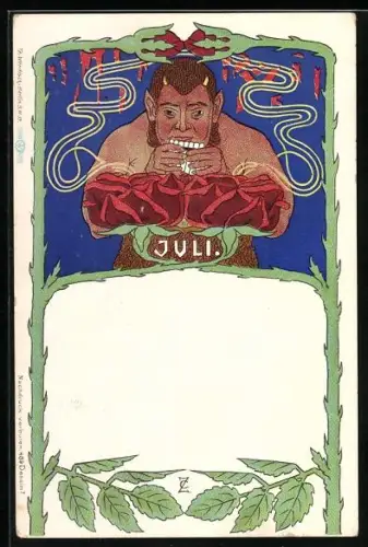 Künstler-AK Juli, Satyr spielt auf einer Blockflöte, Jugendstil