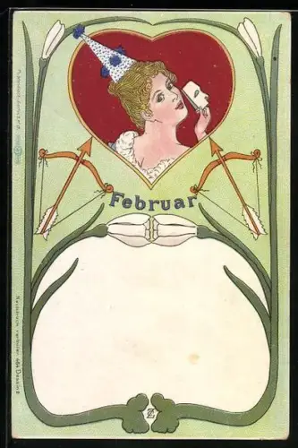 Künstler-AK Februar, Hübsche blonde Dame entledigt sich ihrer Maske, Pfeil und Bogen im Passepartout, Jugendstil