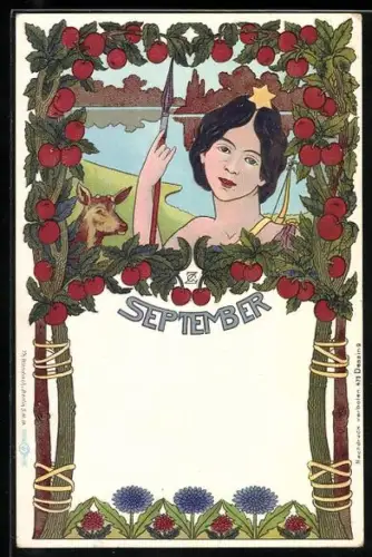 Künstler-AK September, Hübsche Dame mit Speer und einem Bogen auf dem Rücken umgeben von Kirschen, Jugendstil