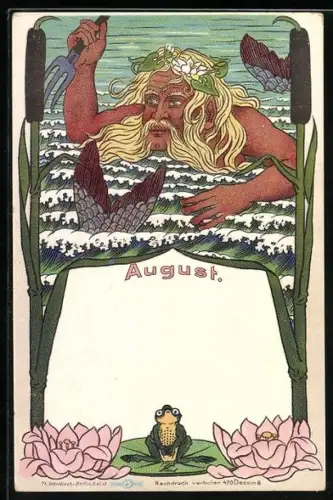 Künstler-AK August, Mann mit Dreizack jagt Fische, Seerosen, Schilf und Frosch im Passepartout, Jugendstil