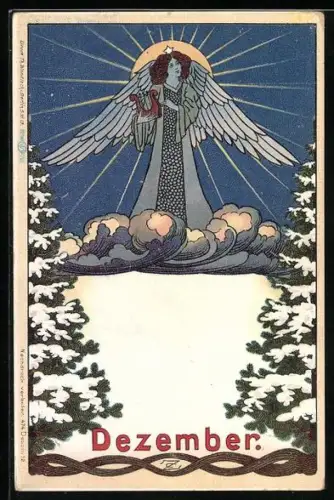 Künstler-AK Engel mit Lyra in der Hand steht über den Wolken, Jugendstil