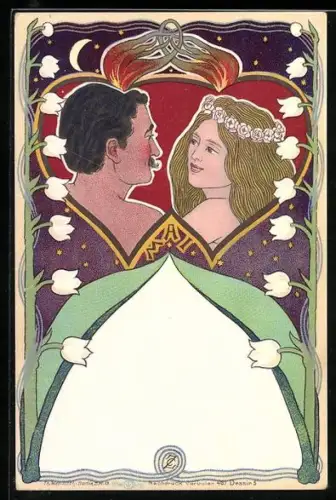 AK Pärchen im Doppelherz schaut sich in die Augen, Jugendstil