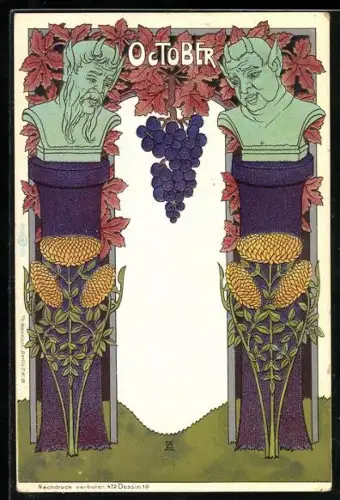 AK Allegorie October, Büsten von Männern mit Hörnern auf einer Säule, Jugendstil