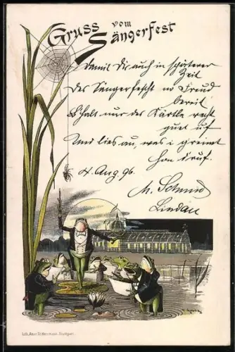 AK Chor aus Fröschen singt des Nachts für eine Spinne, Gruss vom Sängerfest