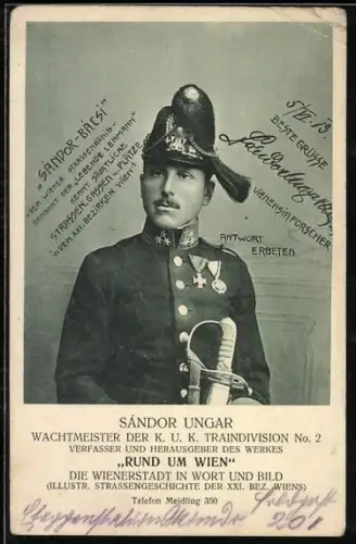 AK Wien, Portrait von Sándor Ungar, Wachtmeister der K.u.K. Traindivision und Autor des Werkes Rund um Wien