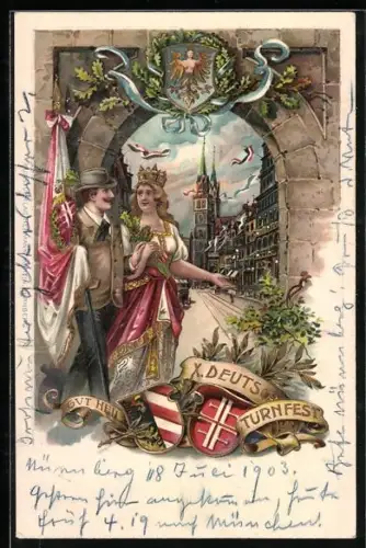 Lithographie Nürnberg, X. Deutsches Turnfest, Turner mit Flagge, Wappen, Stadtansicht