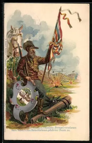 Lithographie Bure mit Fahne & Schild neben dem Gefechtsfeld