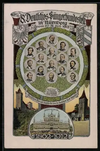 AK Nürnberg, Deutsches Sängerbundesfest 1912, Mitglieder des Festausschusses, Turm, Festhalle