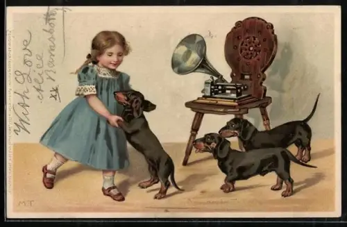 Lithographie Kleines Mädchen tanzt mit Dackel zur Grammophonmusik, Zwei Dackel schauen zu