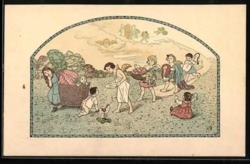 Künstler-AK sign. M. Ade: Volkskindertag 18. Juni 1913, spielende Kinder a. d. Wiese, Kinderfürsorge