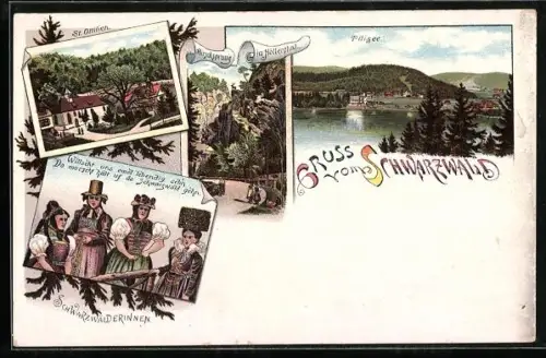 Lithographie Titisee, Hirschsprung im Höllenthal, Pittisee, Schwarwälderinnen