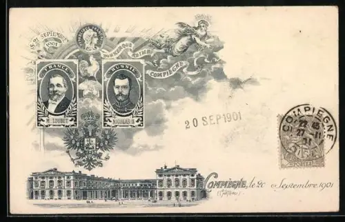 Lithographie Compiègne, Staatstreffen zwischen Zar Nikolaus II. von Russland und Präsident Loubet 1901 im Schloss