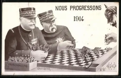 AK Nous Progressons 1914, Nous Vaincrons en 1915, Soldaten beim Schach-Spiel
