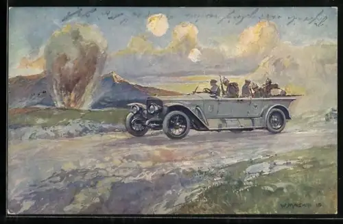 Künstler-AK Militärisches Benz Auto flieht vor Beschuss durch Geschütze, Reklame