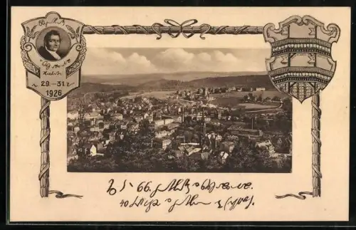 AK Aue / Erzgb., Totalansicht aus der Vogelschau, Wappen, Portrait