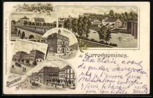 Lithographie Saargemünd, Landgerichtsplatz, Postamt und Neubrückenstrasse