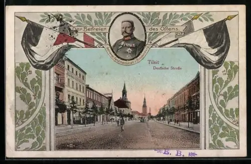 AK Tilsit, Partie in der Deutschen Strasse mit Portrait von Paul von Hindenburg