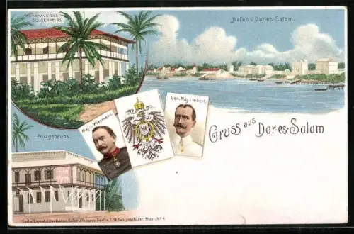 Lithographie Dar-es-Salam, Postgebäude, Hafen und Wohnhaus des Gouverneurs, Portraits von Maj. v. Wissmann u. Liebert