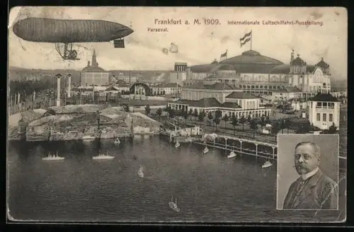AK Frankfurt a. M., Intern. Luftschifffahrt-Ausstellung 1909, Zeppelin über dem Ausstellungsgelände, Graf Zeppelin