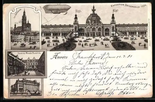 Lithographie Anvers, Exposition Universelle 1894, Zeppelin, Cour du Musée Plantin, Cathédrale, Ausstellung