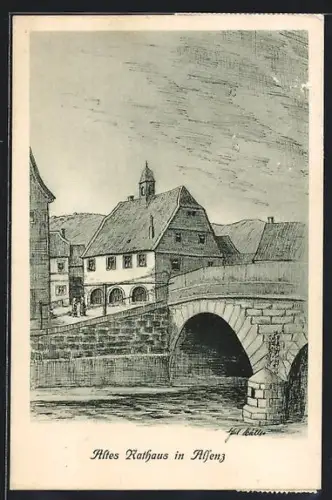 Künstler-AK Alsenz, Altes Rathaus mit Brücke