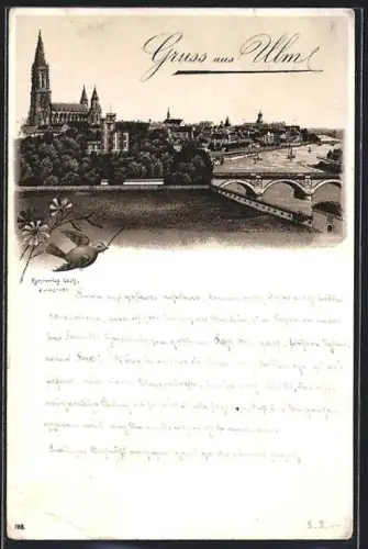 Lithographie Ulm / Donau, Teilansicht mit Kirche