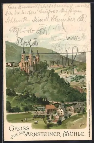 Lithographie Obernhof /Rhein-Lahn-Krs., Panorama mit Schloss