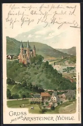 Lithographie Obernhof, Blick auf die Arnsteiner Mühle